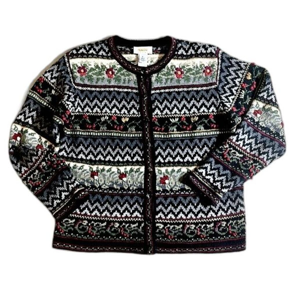 Vintage Talbots Embroidered Floral Chevron Cardigan Sweater Size Small